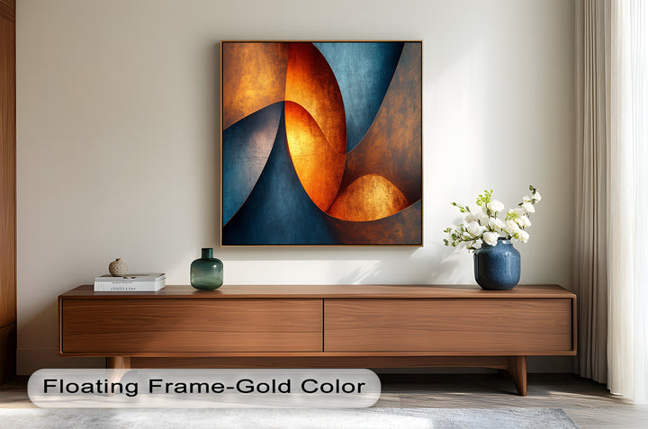Bold geometric design with glowing orange arcs and indigo accents.
