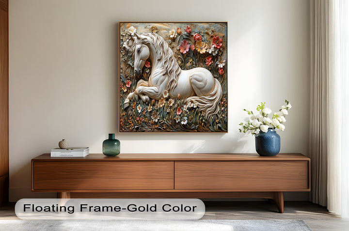 Rock Texture Flower Horse – Elegant Equine Oil Painting