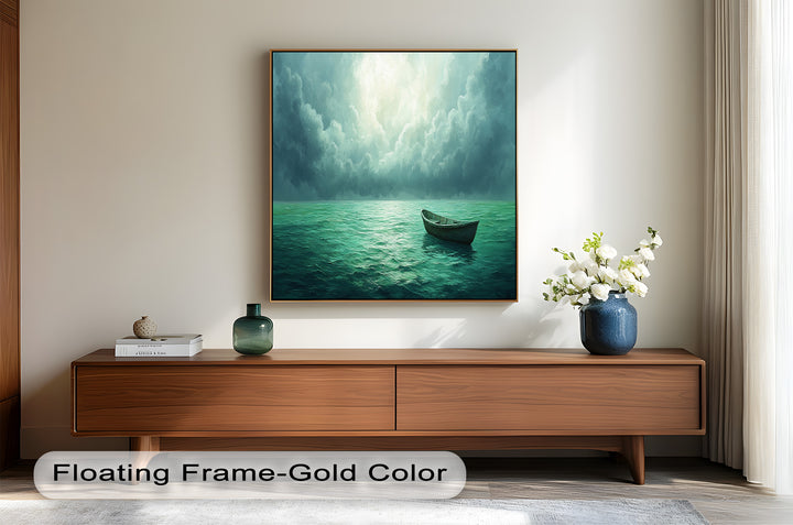Solitude Adrift – Serene Empty Rowboat Oil Painting
