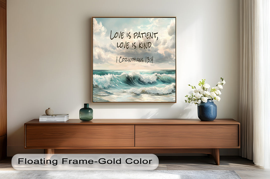 Christian wall art featuring a serene beach with scripture on love’s virtues.

