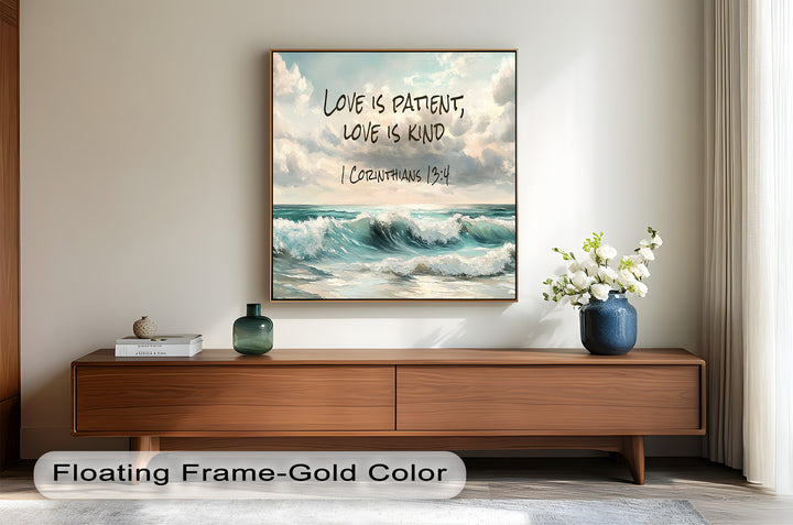 Christian wall art featuring a serene beach with scripture on love’s virtues.
