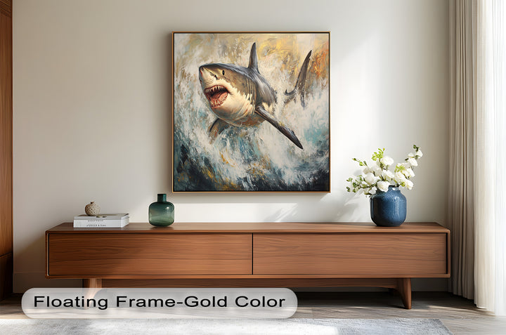 Ferocious Great White Shark Leaping Through Waves - Animal Oil Painting
