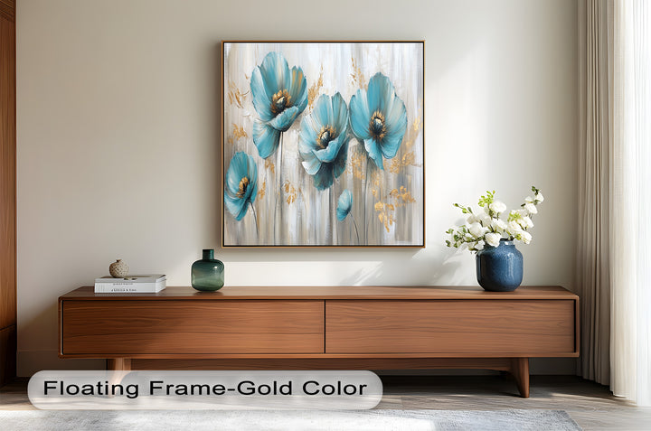 Blue Poppies with Metallic Accents - Flower Oil Painting