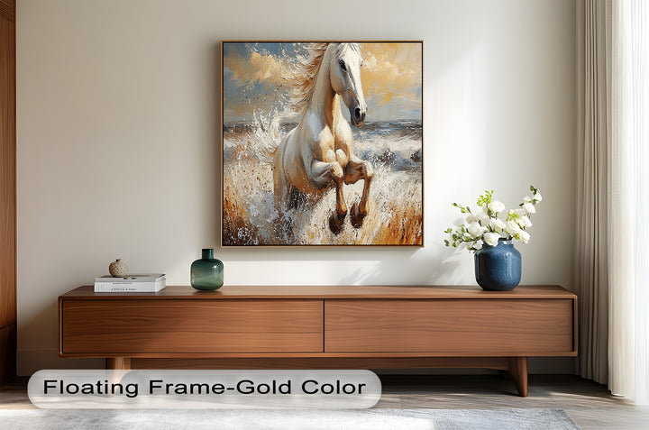 White Horse Art – Gerahmtes Ölgemälde mit Pferd