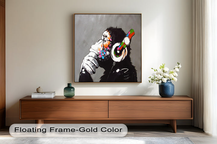 Contemplative Chimp with Headphones - Banksy Oil Painting