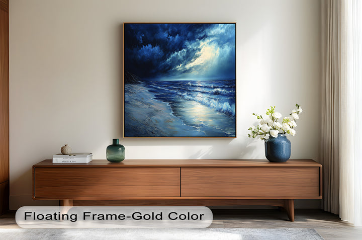 A captivating portrayal of oceanic majesty, this seascape artwork invites you to experience the peaceful yet powerful energy of the shoreline at dusk.