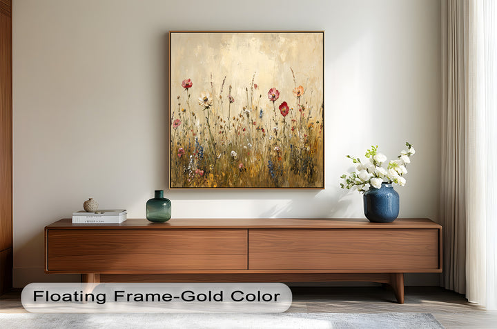 A captivating impressionist-style painting evokes the charm of an untamed field, where wildflowers stretch toward the sky, their warm tones blending effortlessly with the golden-hued backdrop.