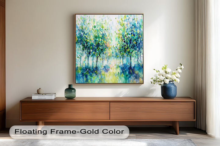 Blue & Green Forest Landscape – Abstract Nature Oil Painting