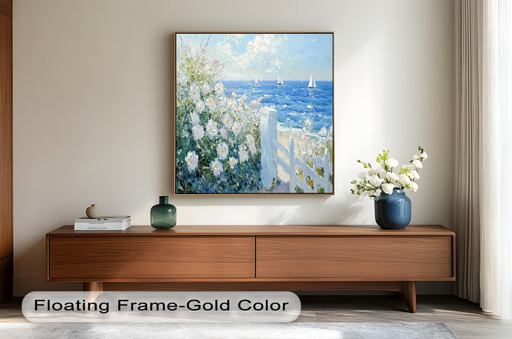White Rose Garden with Sailboats – Impressionist Oil Painting