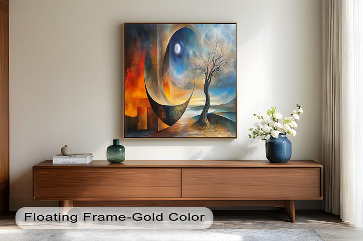 Moonlit Tree and Surreal Horizon - Abstract Oil Painting