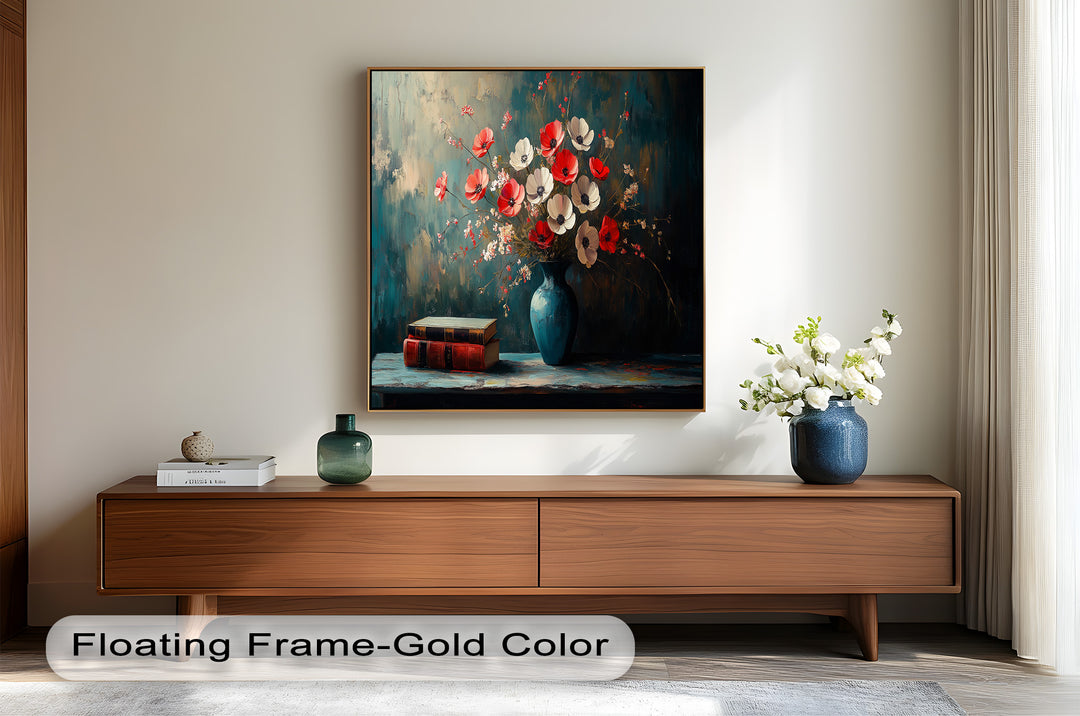 Vibrant Floral Vase with Books – Botanical Oil Paintings