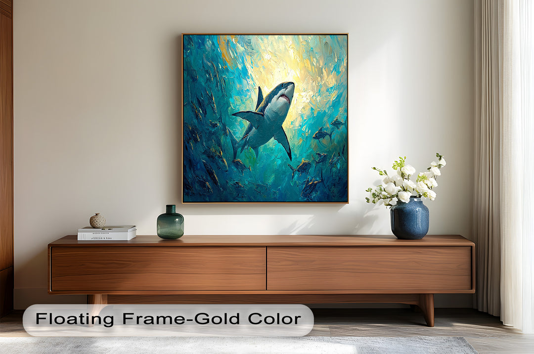 Great White Shark in Sunlit Ocean Depths – Animal Oil Painting