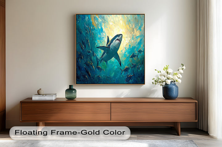 Great White Shark in Sunlit Ocean Depths – Animal Oil Painting