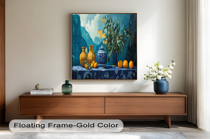 Blue & Yellow Vase Citrus Still Life – Framed Oil Painting