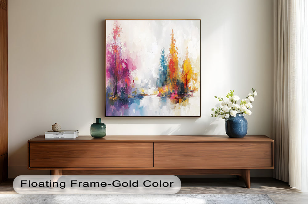 A stunning contemporary artwork showcasing a dreamy forest scene with bold splashes of pink, orange, and blue, evoking a serene and ethereal atmosphere.