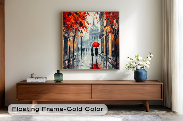 Lovers Walking with Red Umbrella - Love Oil Painting