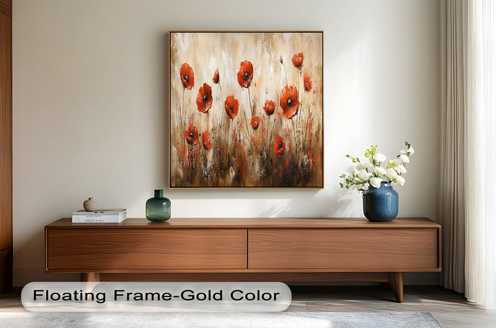 Fiery Meadow – Scarlet Poppies in Earth-Toned Field Flower Oil Painting