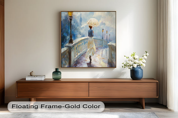 Woman with Umbrella on Cobblestone Bridge – Oil Painting