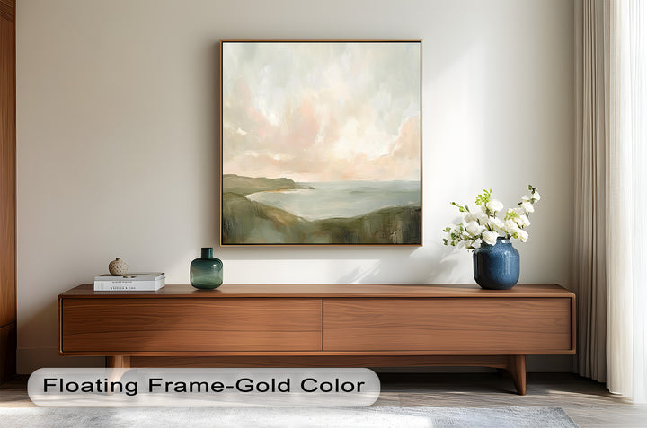 Calm ocean view painting with muted tones and dreamy atmosphere.
