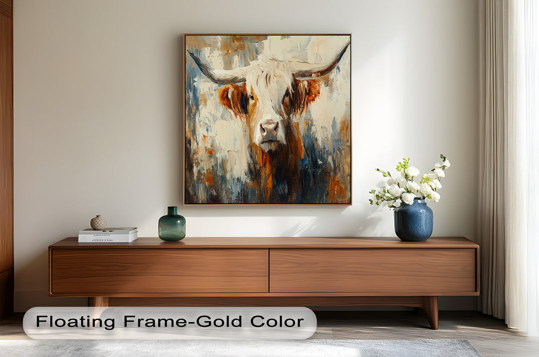 Highland Cow with White Horns – Animal Oil Painting