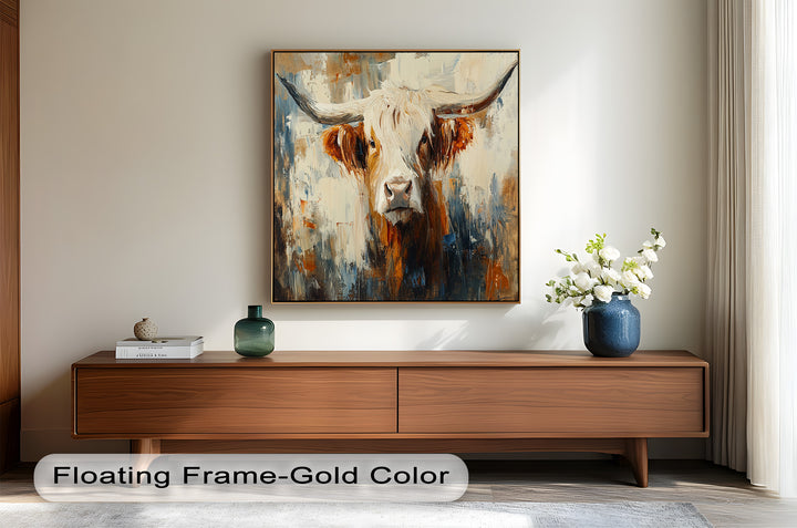 Highland Cow with White Horns – Animal Oil Painting