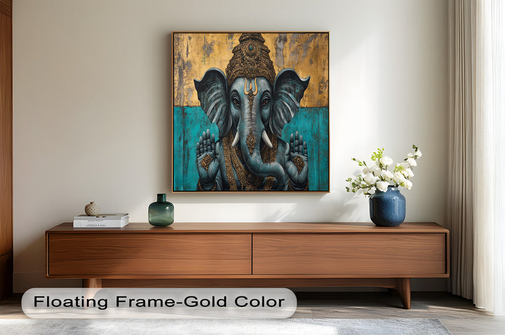 A spiritual representation of Ganesha in rich blue and gold tones, with raised hands symbolizing peace and reassurance.