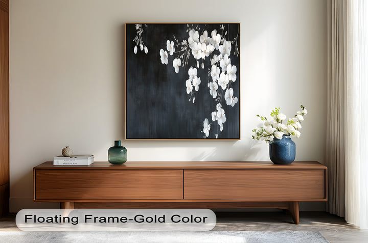 White Cherry Flowers on Midnight Blue - Flower Oil Painting