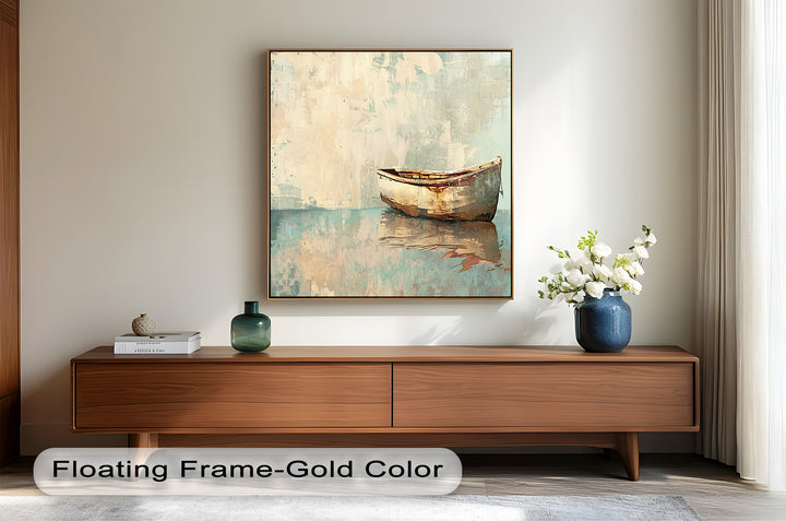 A beautifully detailed depiction of an old boat adrift in a sea of abstract textures, where warm earthy hues and gentle brushstrokes bring a timeless charm to the composition.
