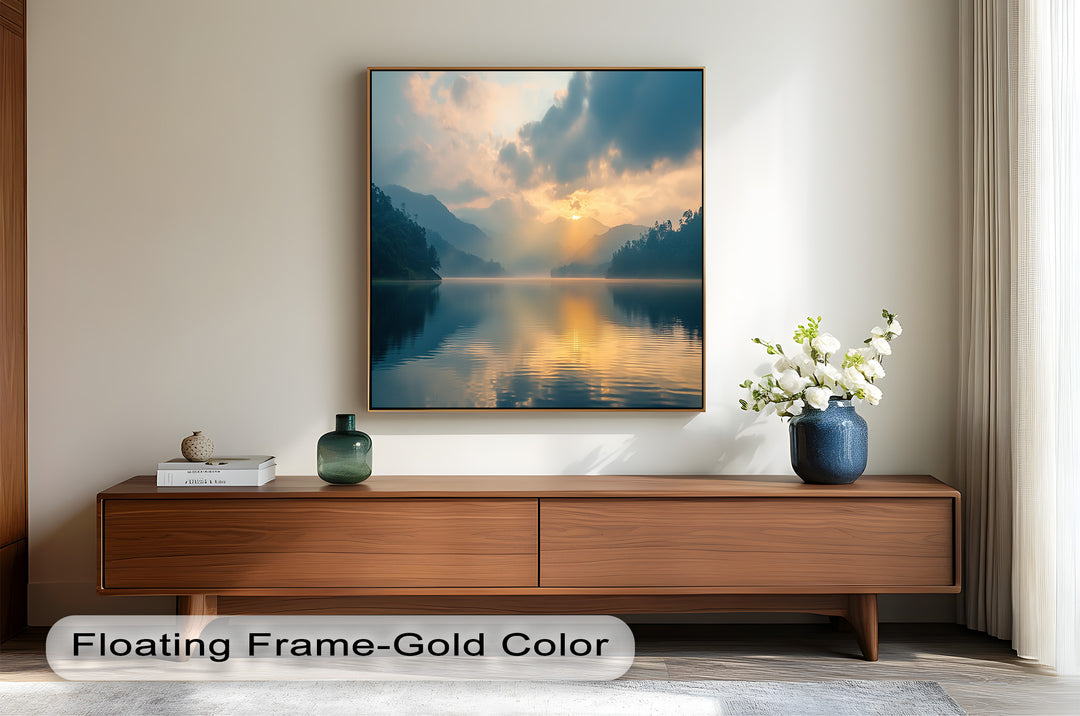 This stunning oil painting features a soft sunrise breaking through misty clouds, casting a warm reflection over a serene lake. Ideal for those who love nature, tranquility, and timeless artistic elegance.