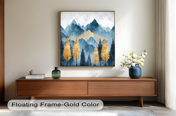 Capture the essence of nature’s beauty with this stunning landscape oil painting. The deep indigo mountains and shimmering golden trees create a striking balance of cool and warm tones, making this framed wall art a captivating addition to your home.