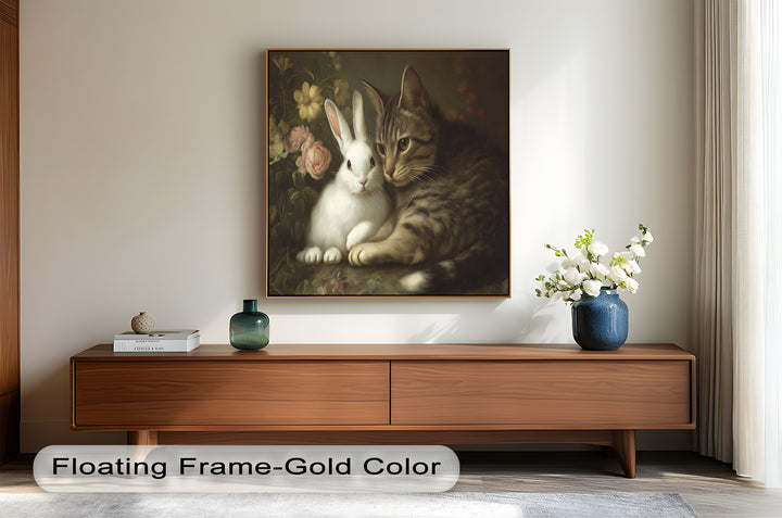 Cat and Rabbit in Floral Harmony - Animal Oil Painting