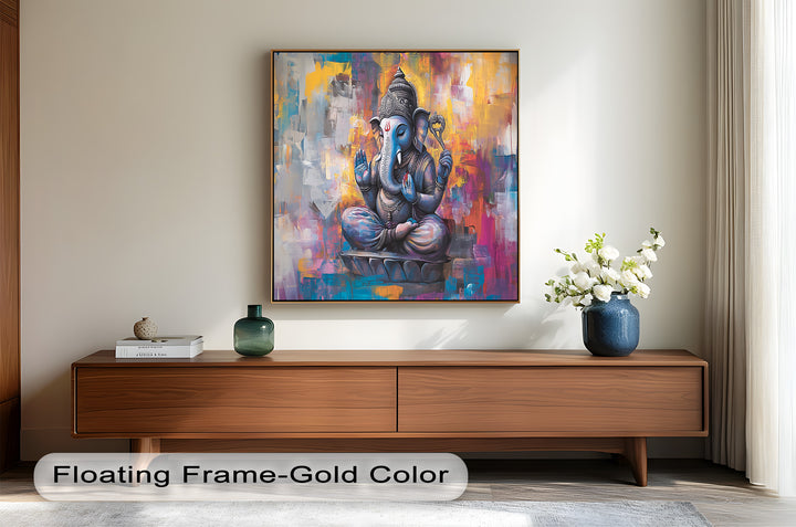 A serene image of Lord Ganesha in lotus position, radiating calm and strength amidst vivid splashes of paint.