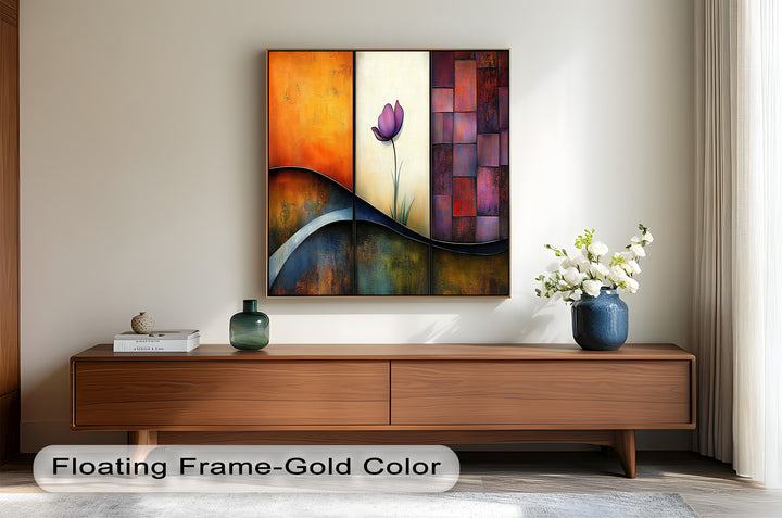 Colorful abstract artwork with a central purple flower and textured backgrounds.
