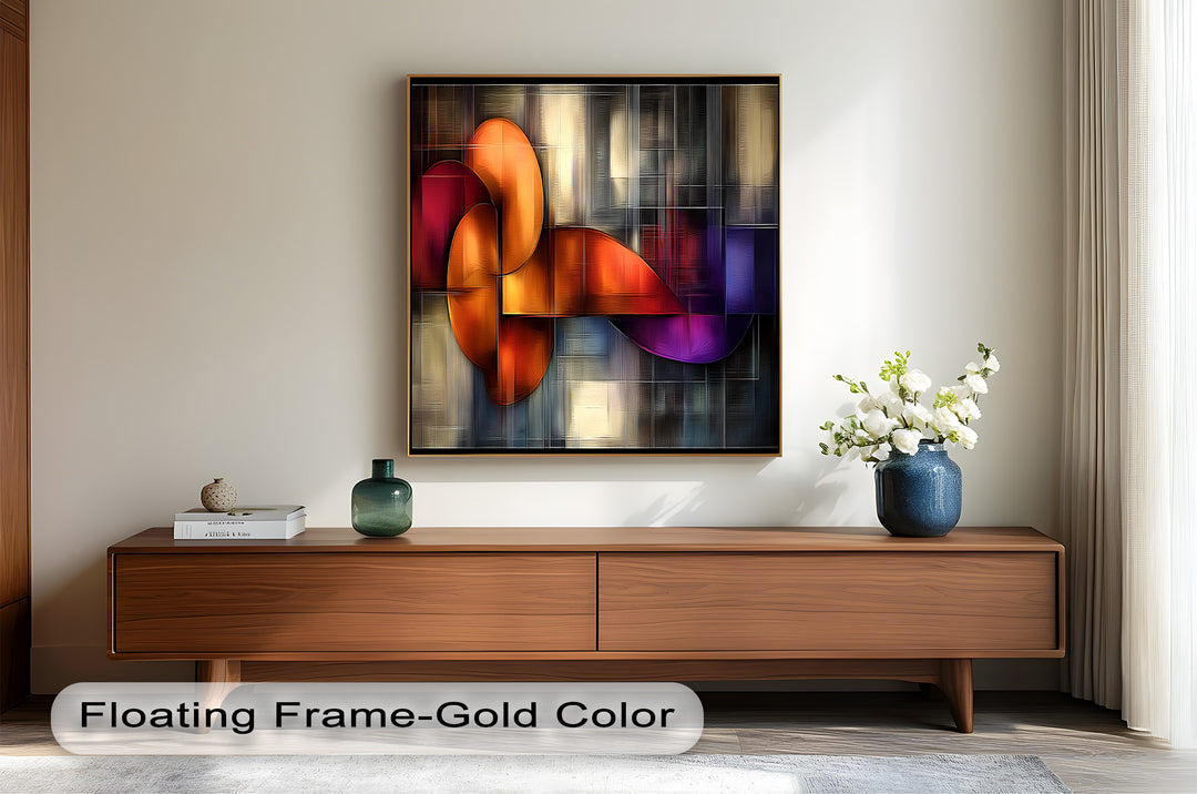 Modern geometric wall art featuring vibrant curves and grid patterns.
