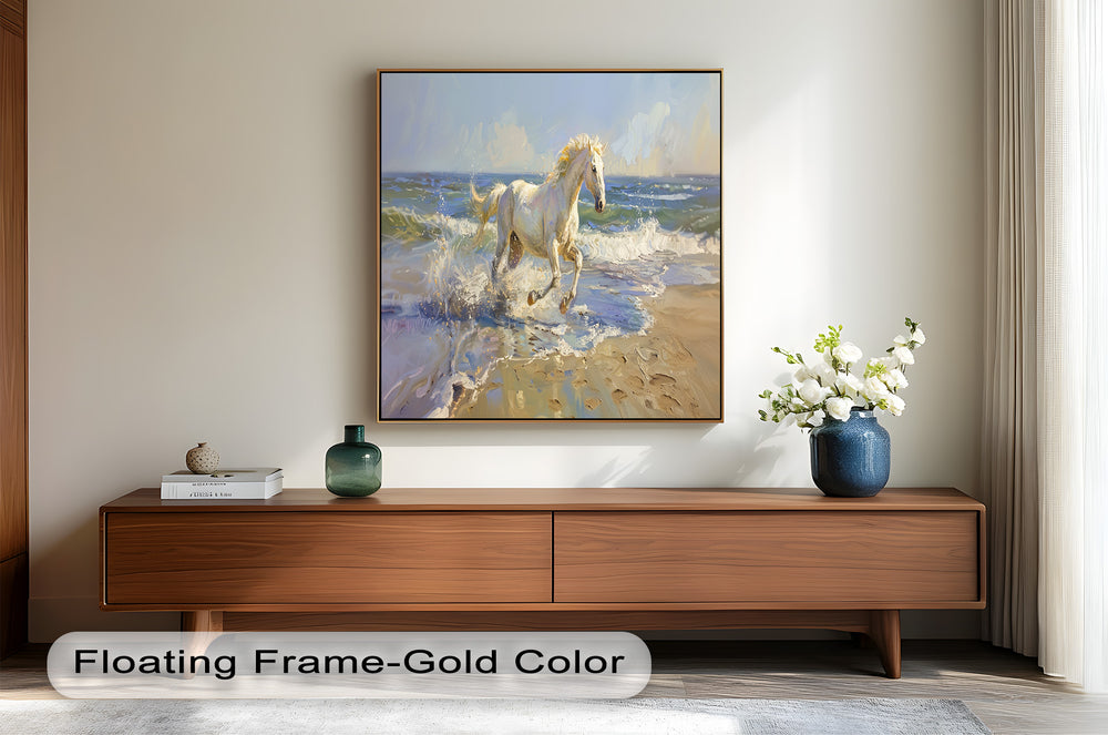 This stunning artwork captures the energy and grace of a wild stallion splashing through the shallow surf, bathed in golden sunlight under a vast blue sky.