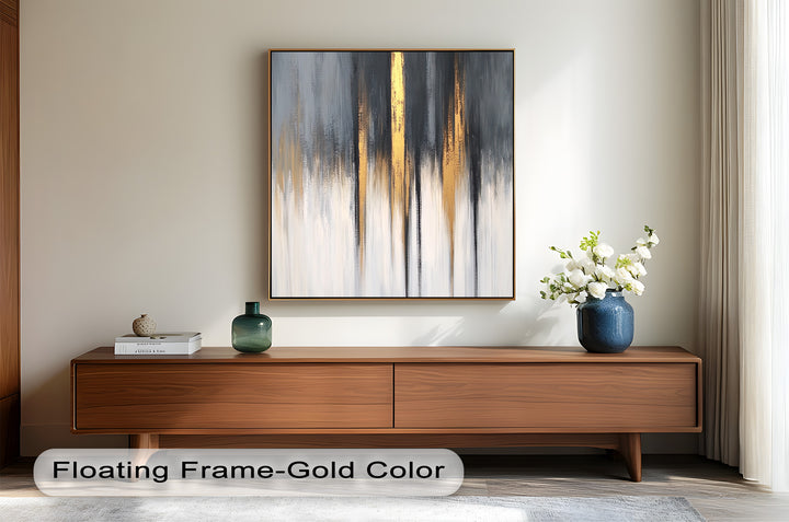 Modern Grey & Gold Abstract – Framed Oil Painting