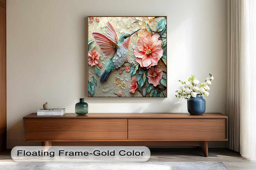 Spring Hummingbird with Pink Flowers – Framed Oil Painting