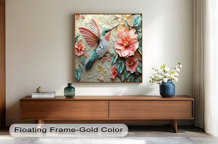 Spring Hummingbird with Pink Flowers – Framed Oil Painting