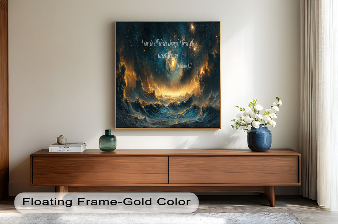 Heavenly Glow Over Troubled Seas – Philippians 4:13 Scripture Art
