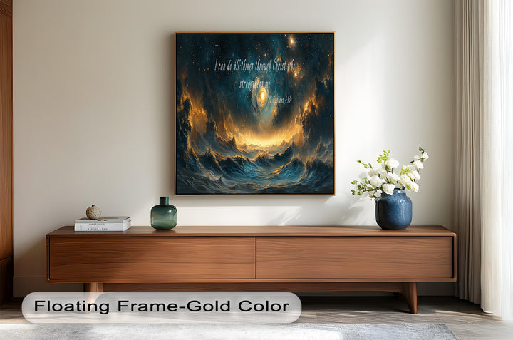 Heavenly Glow Over Troubled Seas – Philippians 4:13 Scripture Art
