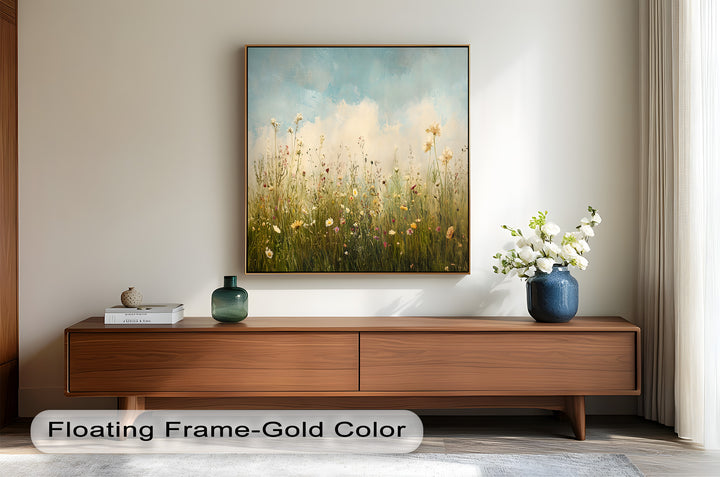 A timeless framed wall art piece featuring an open field of delicate flowers, with warm earthy tones and gentle textures evoking the beauty of nature.