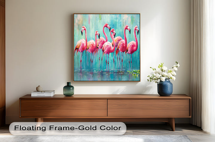 Flamingoschwarm auf dem Wasser – Tierölgemälde
