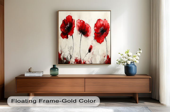 Crimson Elegance – Bold Red Poppies on Cream Flower Oil Painting