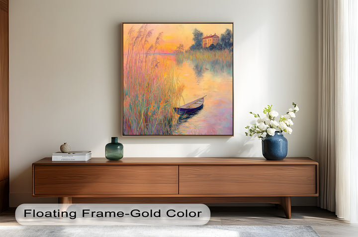 Golden Reeds and Sunset Rowboat – Impressionist Oil Painting
