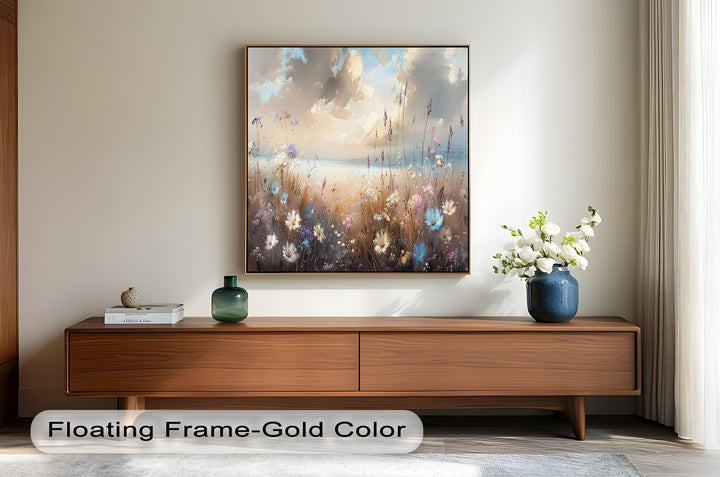 A sophisticated framed wall art piece featuring an ethereal wildflower field at sunset, where soft brushstrokes and delicate details create a calming and romantic ambiance.