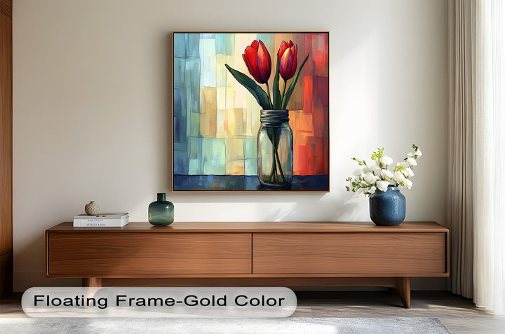 Red and Orange Tulips in Glass Vase – Bold Floral Oil Painting