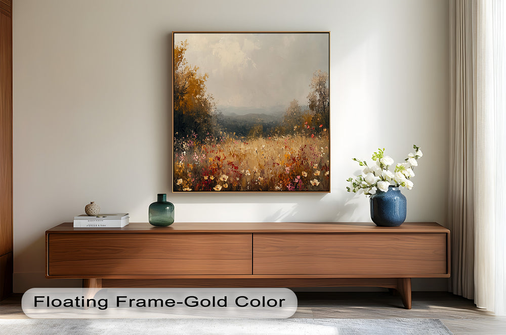 This impressionistic countryside scene captures the beauty of a golden field dotted with delicate blossoms, where the hazy sky meets the vast, peaceful horizon.