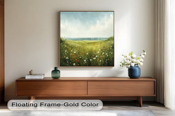 Wildflower Meadow Sea View Wall Art–Coastal Oil Painting