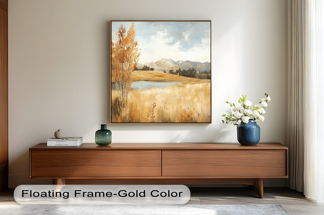 A dreamy blend of soft blues and earthy golds portrays the essence of fall in this rural-inspired artwork, where the open land meets the sky in a symphony of light and texture.