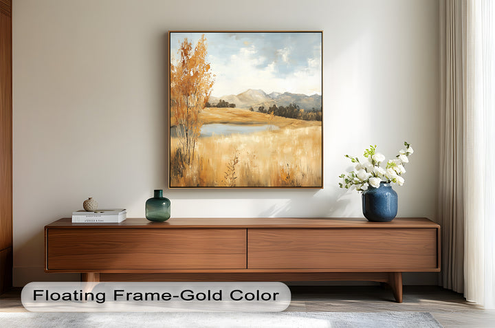 A dreamy blend of soft blues and earthy golds portrays the essence of fall in this rural-inspired artwork, where the open land meets the sky in a symphony of light and texture.